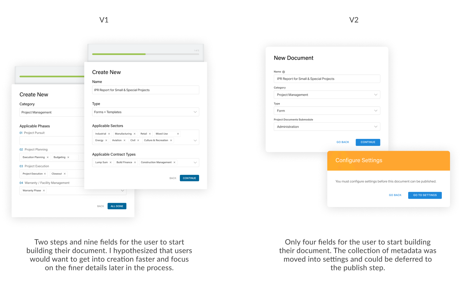 Create New modal iterations — from overloaded to distilled